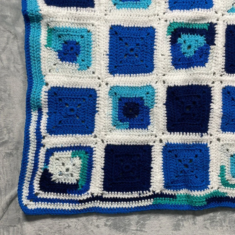 Handmade Granny Square Crochet Blanket Blue White Teal Throw Cozy 39 x 32